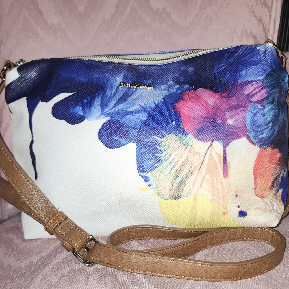 Desigual White Crossbody Bag with Blue, Pink, Yellow and Tan Accents